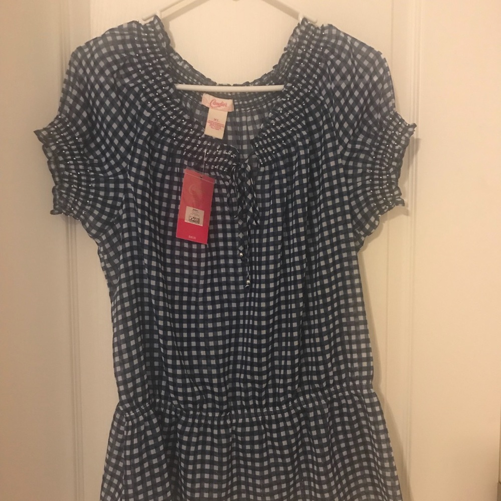 Navy Blue & White Candies Check Smocked Top